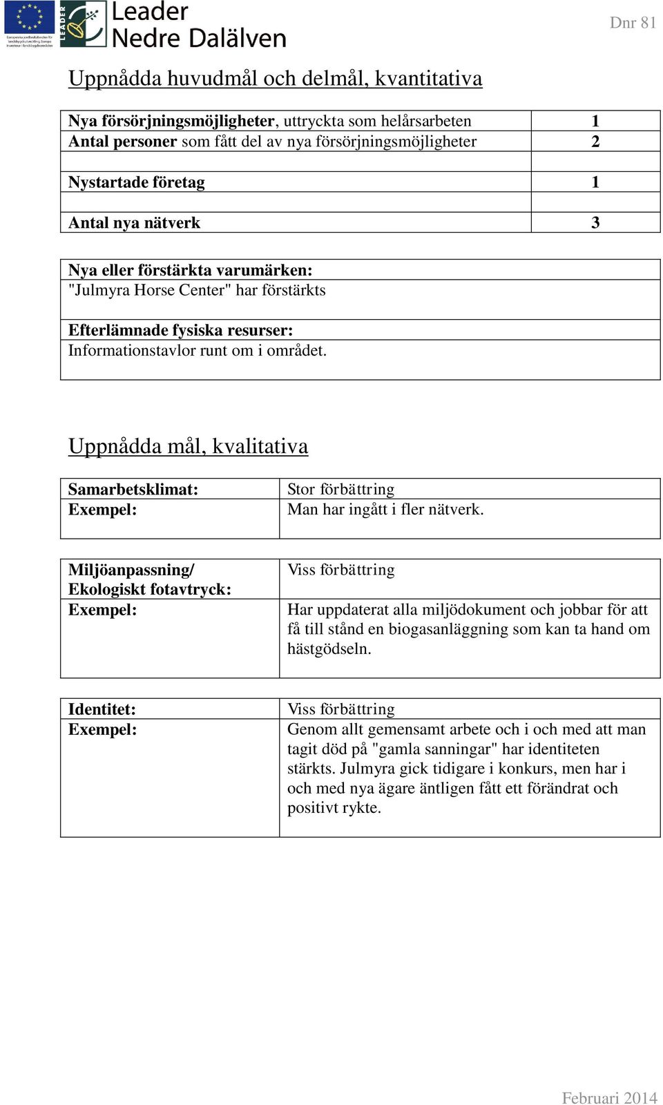 Uppnådda mål, kvalitativa Samarbetsklimat: Stor förbättring Man har ingått i fler nätverk.
