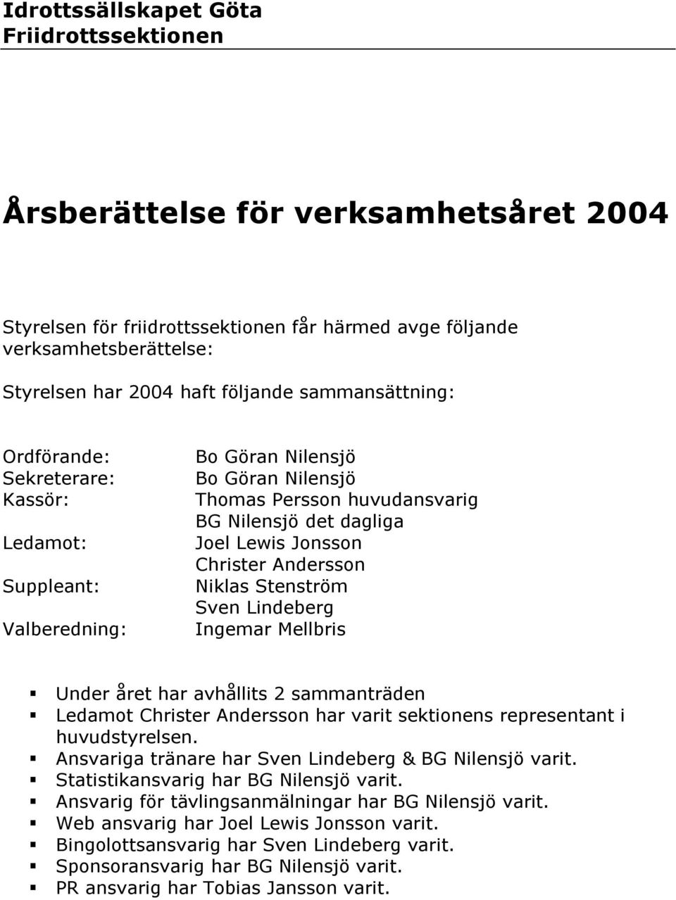 Andersson Niklas Stenström Sven Lindeberg Ingemar Mellbris! Under året har avhållits 2 sammanträden! Ledamot Christer Andersson har varit sektionens representant i huvudstyrelsen.