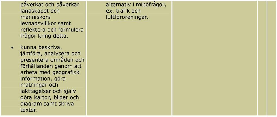 kunna beskriva, jämföra, analysera och presentera områden och förhållanden genom att arbeta