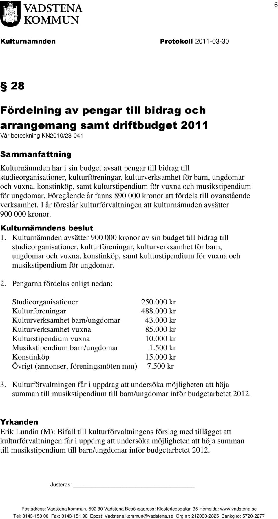 Föregående år fanns 890 000 kronor att fördela till ovanstående verksamhet. I år föreslår kulturförvaltningen att kulturnämnden avsätter 900 000 kronor. 1.