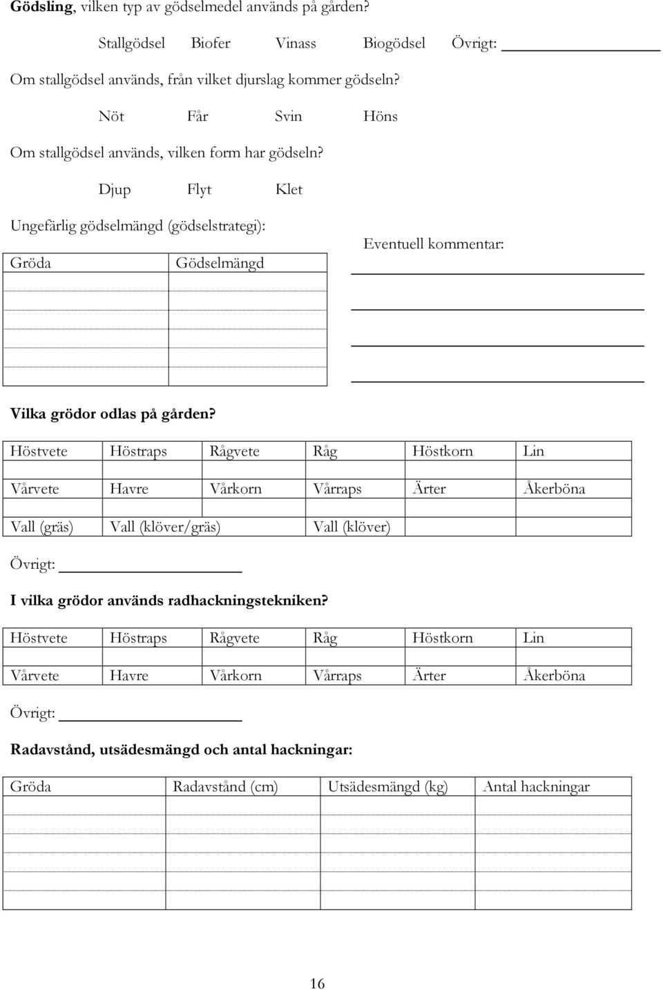 Djup Flyt Klet Ungefärlig gödselmängd (gödselstrategi): Gröda Gödselmängd Eventuell kommentar: Vilka grödor odlas på gården?