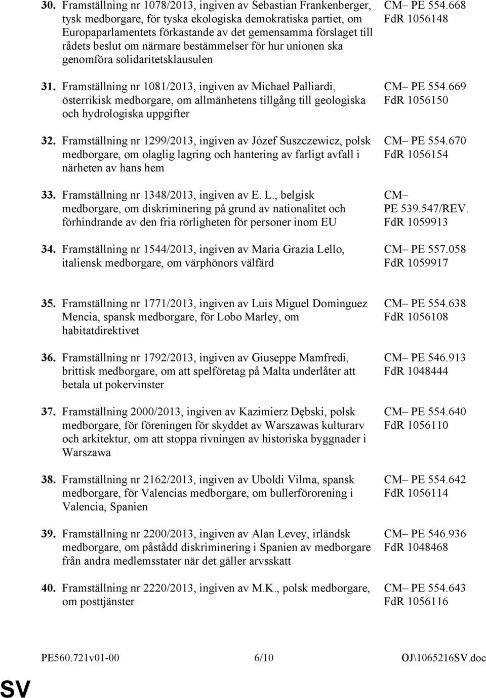 Framställning nr 1081/2013, ingiven av Michael Palliardi, österrikisk medborgare, om allmänhetens tillgång till geologiska och hydrologiska uppgifter 32.