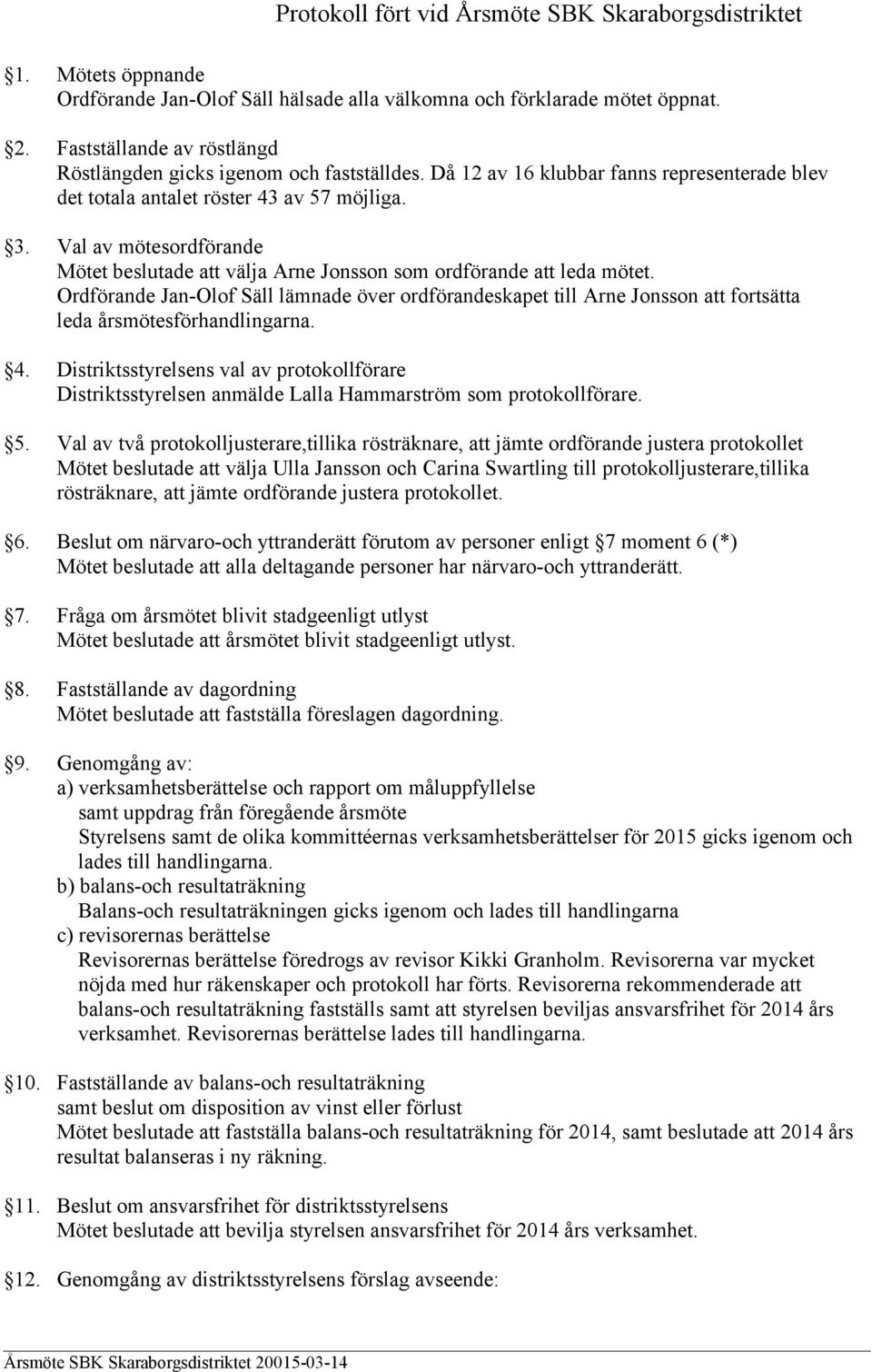 Ordförande Jan-Olof Säll lämnade över ordförandeskapet till Arne Jonsson att fortsätta leda årsmötesförhandlingarna. 4.