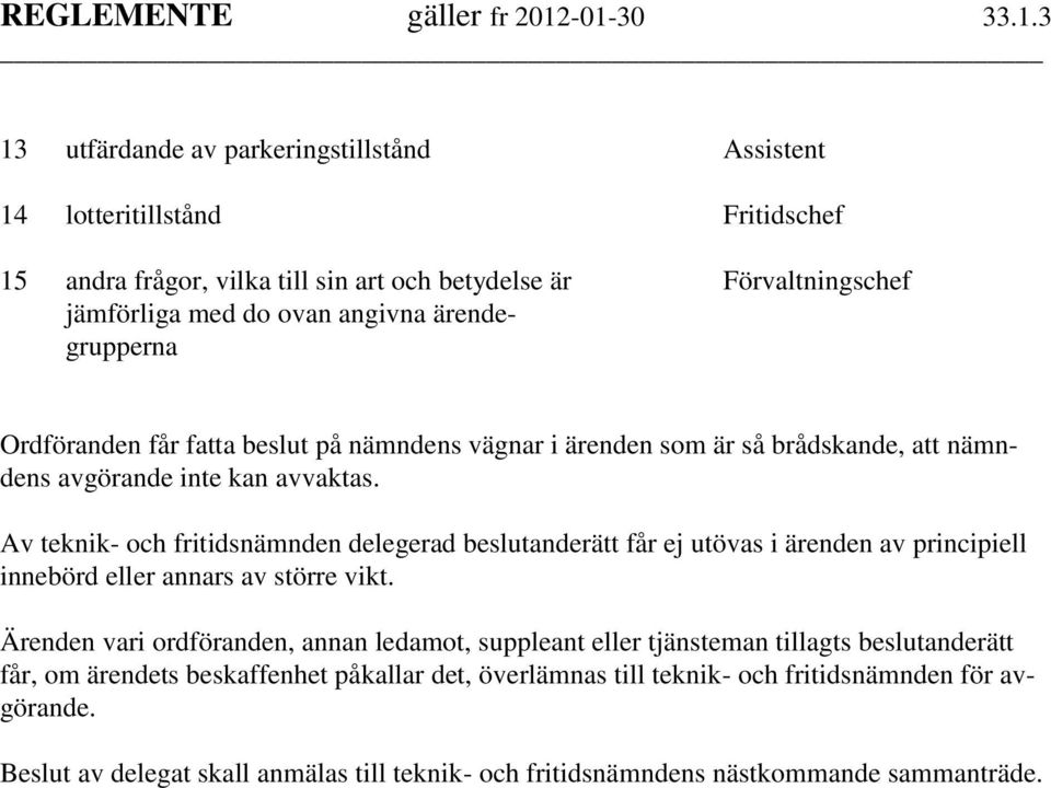 Av teknik- och fritidsnämnden delegerad beslutanderätt får ej utövas i ärenden av principiell innebörd eller annars av större vikt.