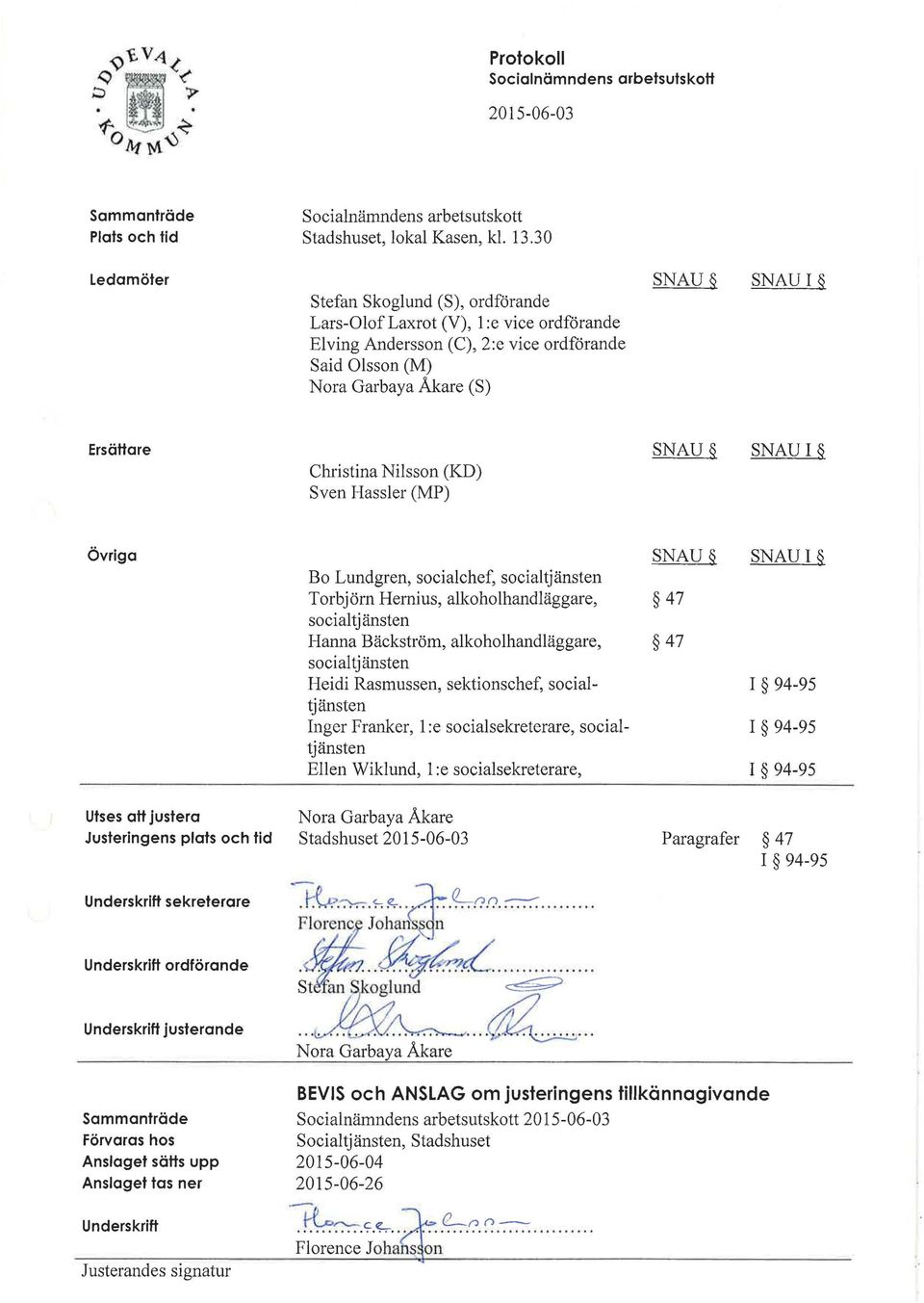 Christina Nilsson (KD) Sven Hassler (MP) SNAU SNAU I Övriga SNAU SNAU I Bo Lundgren, socialchef, Torbjörn Hernius, alkoholhandläggare, 47 Hanna Bäckström, alkoholhandläggare, 47 Heidi Rasmussen,