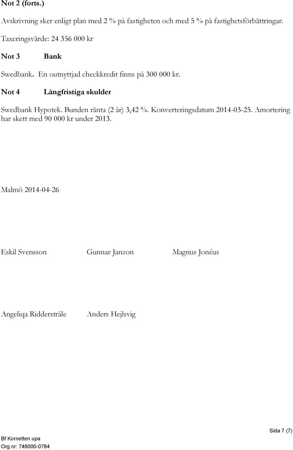 Not 4 Långfristiga skulder Swedbank Hypotek. Bunden ränta (2 år) 3,42 %. Konverteringsdatum 2014-03-25.