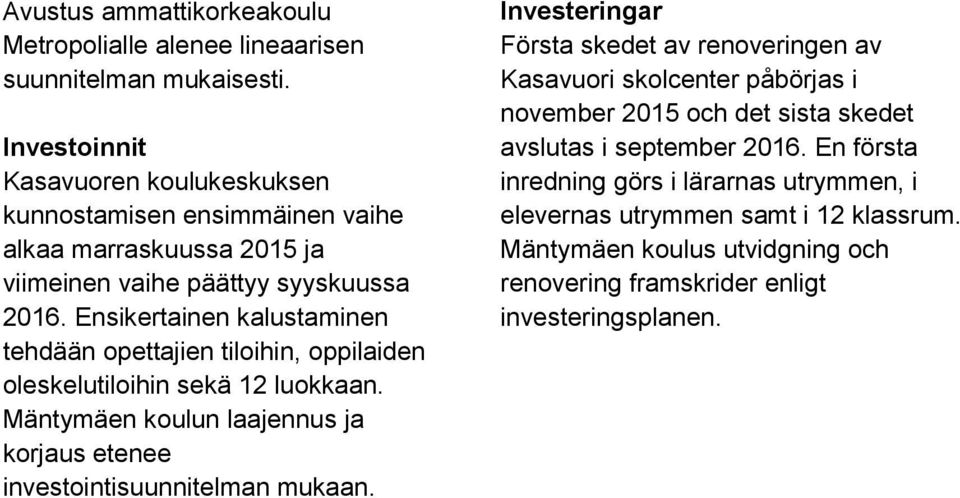 Ensikertainen kalustaminen tehdään opettajien tiloihin, oppilaiden oleskelutiloihin sekä 12 luokkaan. Mäntymäen koulun laajennus ja korjaus etenee investointisuunnitelman mukaan.