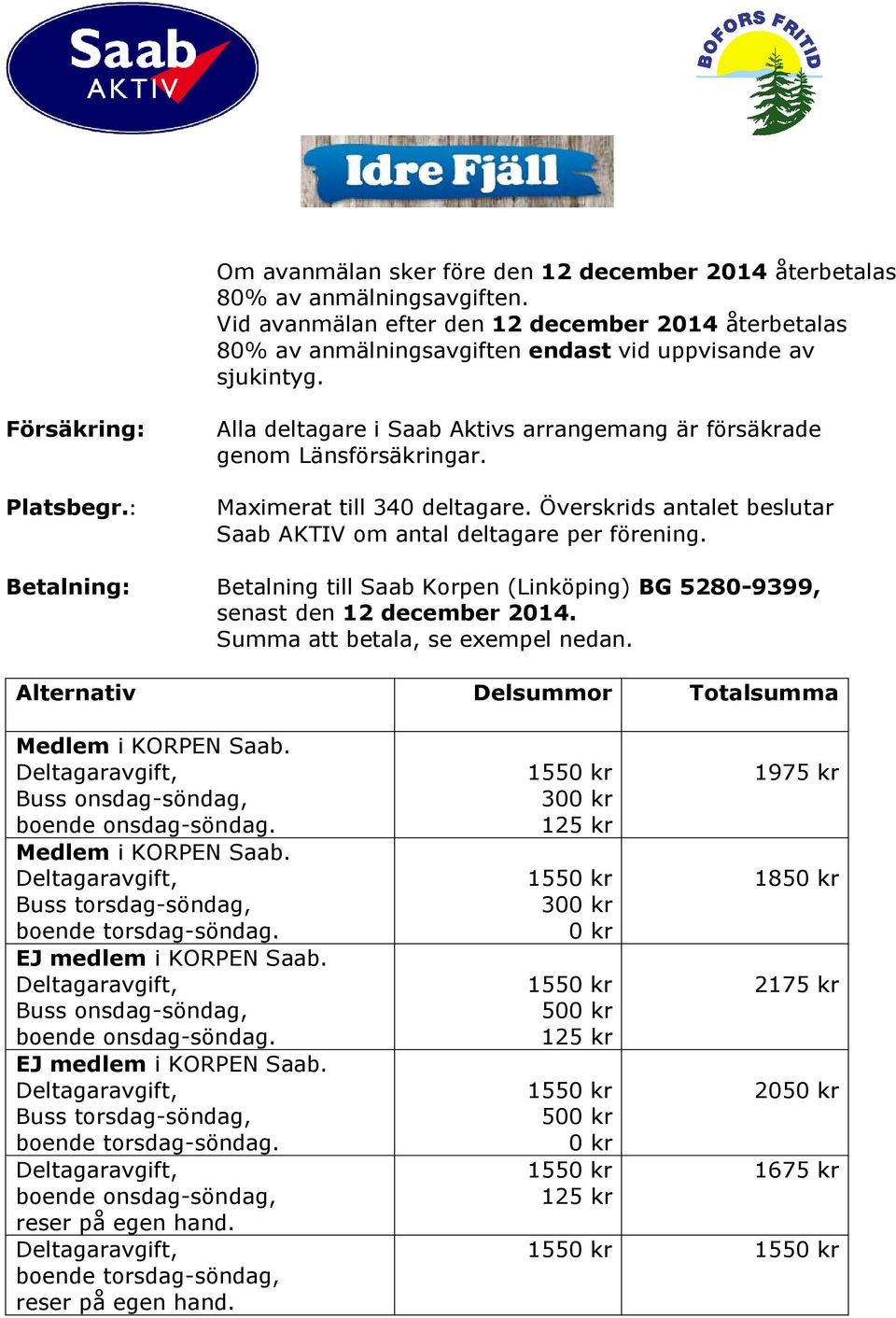 Överskrids antalet beslutar Saab AKTIV om antal deltagare per förening. Betalning: Betalning till Saab Korpen (Linköping) BG 5280-9399, senast den 12 december 2014. Summa att betala, se exempel nedan.