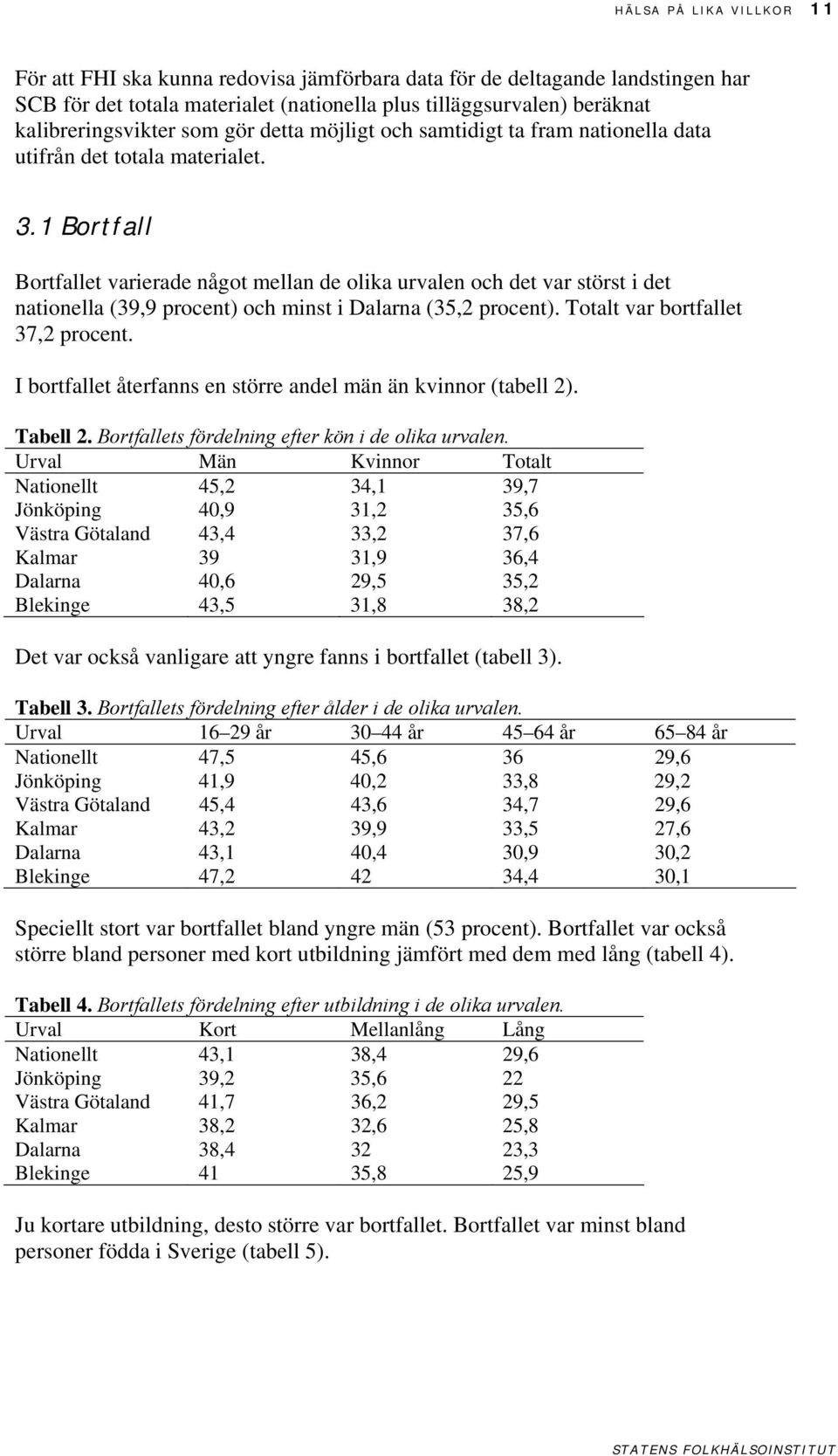 1 Bortfall Bortfallet varierade något mellan de olika urvalen och det var störst i det nationella (39,9 procent) och minst i Dalarna (3,2 procent). Totalt var bortfallet 37,2 procent.