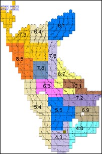 Figur 5. Illustration av hur indelningen av beräkningsytor sker. I ett första steg beräknas övre höjd för ytor om minst 100 stammar utifrån data för de avverkade stammarna (vänstra bilden).