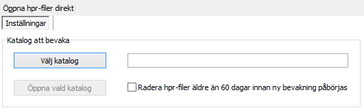 Uppstart av programmet och bevakning av objekt Bilaga 1 Katalog att bevaka Huvudprincipen för programmet är att en katalog bevakas kontinuerligt för nya hpr-filer som därefter kan tas med i