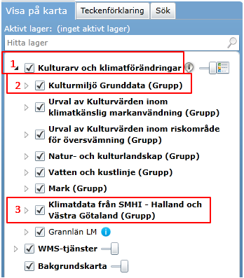 Kulturarv och klimatförändringar Manual för webb-gis Kom igång så här: 1. Klicka upp huvudgruppen Kulturarv och klimatförändringar på den lilla pilen till vänster (se bild med nummer nedan). 2.