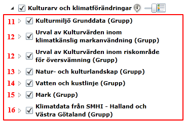 Grupper och kartlager När webb-gis öppnas syns: 10. Till höger om dessa finns en slidebar med vilken kartlager kan göras transparanta genom att klicka på och dra knappen.