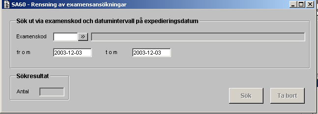 13 7.4 Rensning av examensansökningar(sa60a13g) 7.4.1 Hjälptext SA60: Rensning av examensansökningar Senast uppdaterad: 2015-06-16 Här kan du rensa bort ansökningar som är expedierade under ett visst tidsintervall.