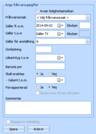 Vakanser En vakans uppstår om det rapporteras en frånvaro som är markerad med Ska ersättas. (Tiderna kan ändras till hela eller delar av frånvaron, beroende på vilket som ska ersättas).