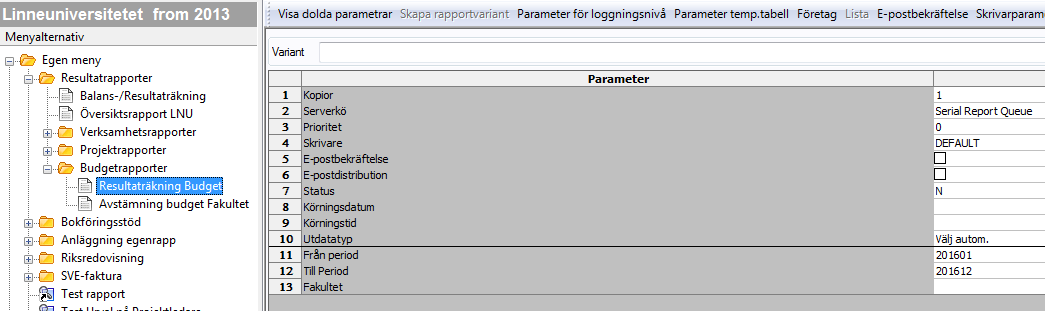 Det finns två budgetrapporter upplagd f.n. Den ena visar per fakultet budget 2016 med jämförelse med utfall, prognos och budget för 2015.