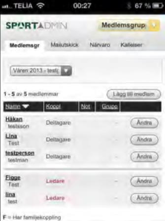 Öppna webläsaren på din telefon eller pekplatta och gå till sportadmin.se Du loggar in som vanligt Välj grupp, är du ledare för flera grupper kan du välja olika grupper.