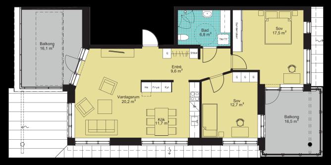 PLANLÖSNINGAR 4 rum & kök, 97 m² två balkonger, gäst-wc 3 rum & kök, 82 m² takvåning, två