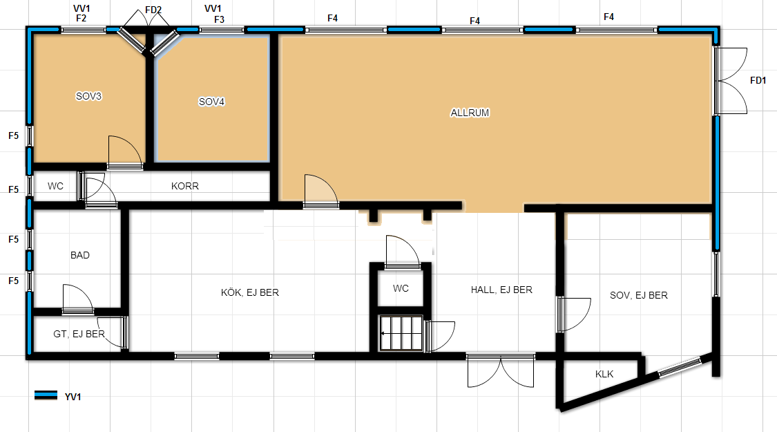ÅTGÄRDSBESKRIVNING E20 TOLLERED - INGARED 5 (6) Figur 1. Skiss planlösning bottenvåning med benämning på rum och aktuella väggkonstruktioner samt åtgärder (se röd prickad linje) Figur 2.