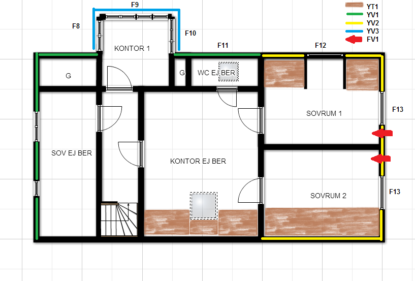 6 (6) Figur 2. Skiss planlösning övervåning med benämning på rum och aktuella väggkonstruktioner.