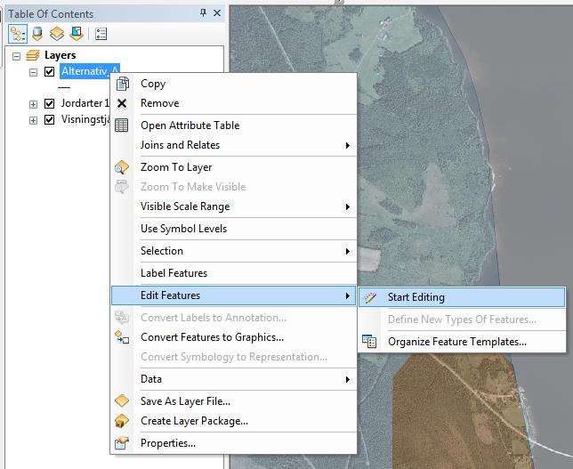 contents ) och välja Edit features/start Editing, se nedan. Figur 11. Starta editering av ett lager i ArcMap.