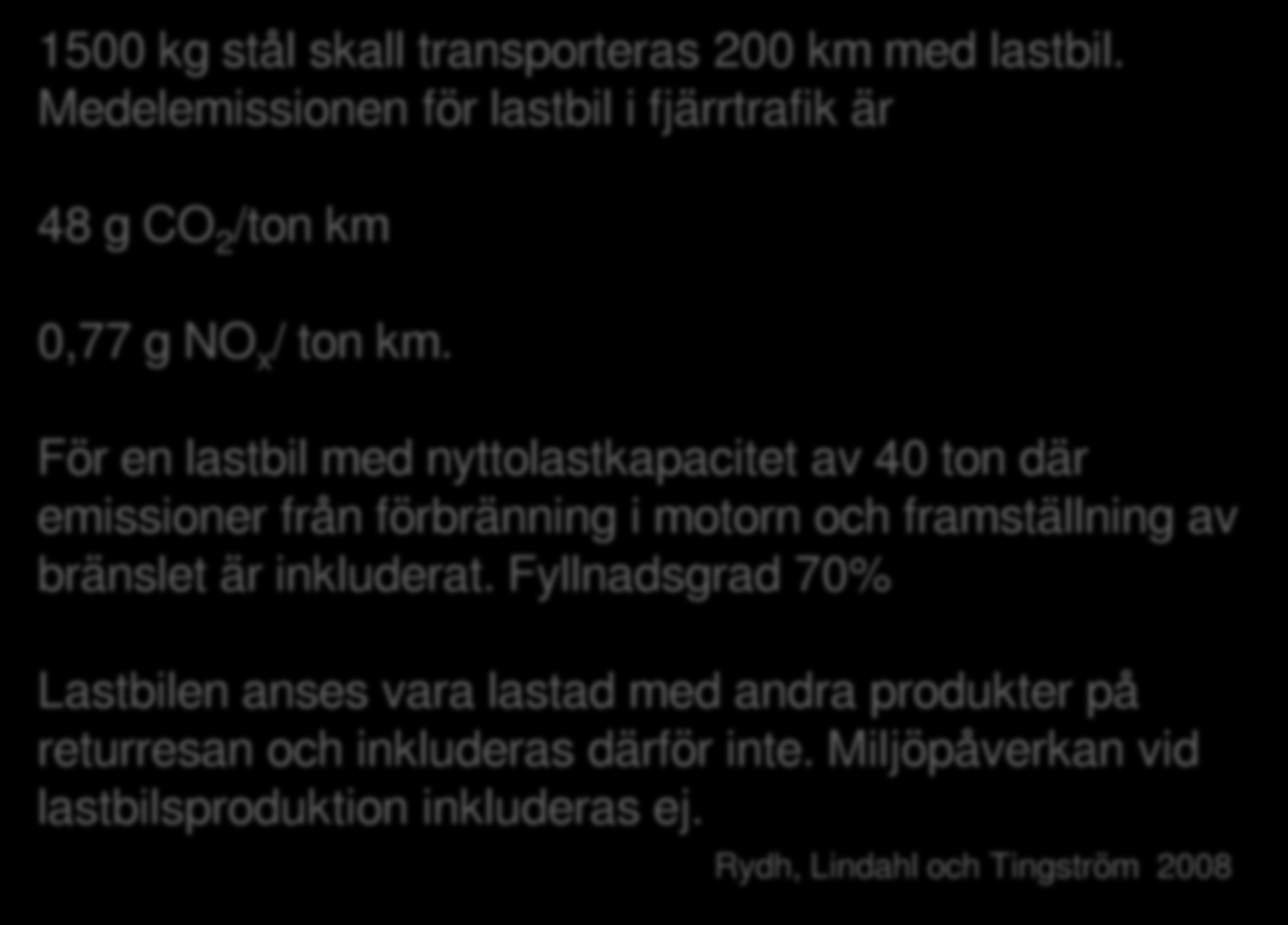 Ex inventeringsdata för en lastbilstransport: 1500 kg stål skall transporteras 200 km med lastbil. Medelemissionen för lastbil i fjärrtrafik är 48 g CO 2 /ton km 0,77 g NO x / ton km.