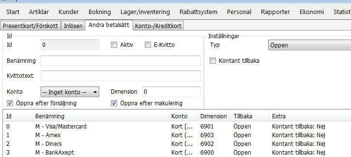 Kortbetalning [1] Kortbetalning kan genomföras på tre olika sätt och ställs in i administrationen -> kassor. (1) Köp med kassakopplad kortterminal Klicka på knappen kort när alla artiklar är inslagna.