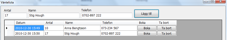Genom att klicka på en bokning i listan får du upp en kortfattad information om bokningen i sidans överkant. Till informationen visas även de noteringar och PM som skapats tillhörande bokningen.