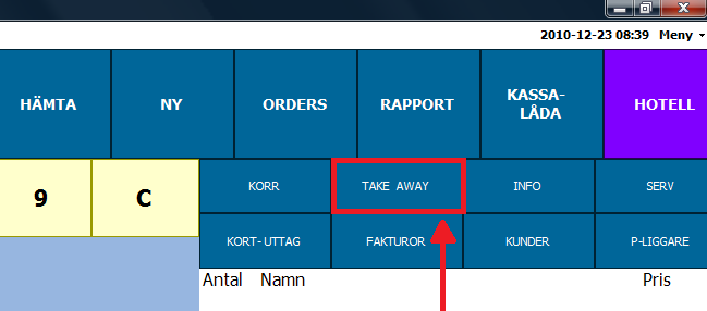 Take Away/Äta här [135] Knappen Take Away används om du standardmässigt i artikelregistret jobbar med 25 % moms på dina artiklar, men viss försäljning avser avhämtning. Momssatsen ändras då till 12 %.