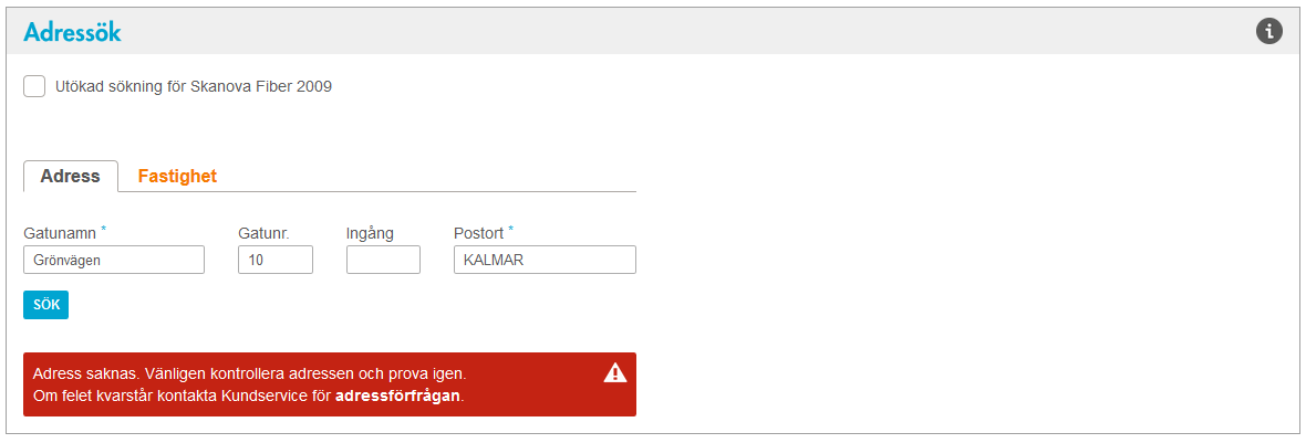När adress saknas i Adressök Om adressen du söker av någon anledning inte kan presenteras så visas ett felmeddelande med en länk där du kan skapa en