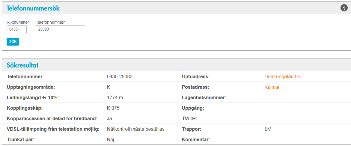 Telefonnummersök Skanova Kopparaccess Använd Telefonnummersök för att söka med ett telefonnummer. I sökresultatet visas var telefonnumret är installerat och förutsättningar för Skanova Kopparaccess.