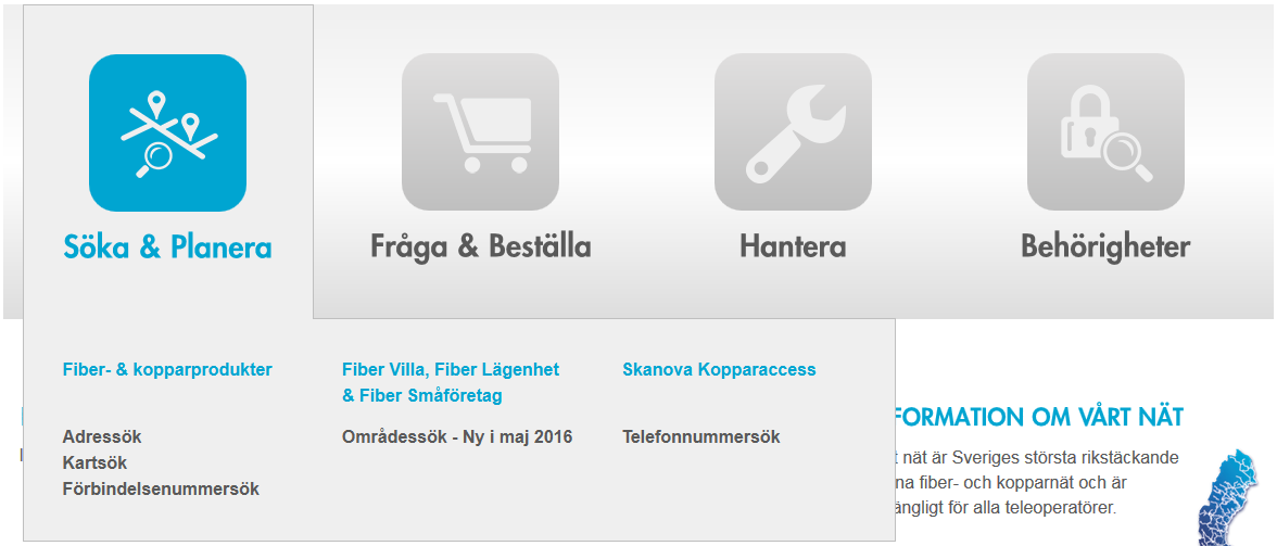 Så här använder du Adressök Sökverktyget för Skanova Kopparaccess, Fiber Villa, Fiber Lägenhet, Fiber Småföretag och Skanova Fiber 2009 Klicka på Söka & Planera och välj Adressök i menyn I Adressök