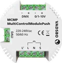 S Installationsanvisning MCMP MCMP är gjord för att passa i apparatdosa och ger ut en valbar styrsignal på 0/1-10Vdc. Själva MCMP kan styras via, eller återfjädrande tryckknapp, dock inte samtidigt.