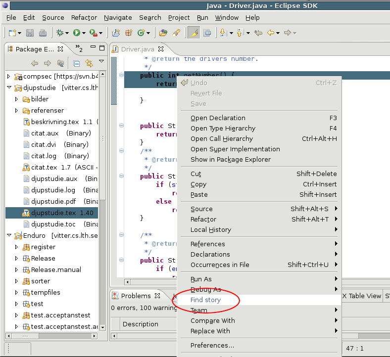 6.1.2 Eclipse Figur 3: Eclipse med tillagt menyalternativ Find Story Till Eclipse hade vi utvecklat ett plugin som var lika enkelt att använda som knappen i XPlanner.