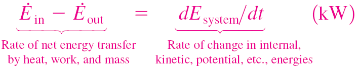 Energiöverföringar, E in och E out Värme, Q Arbete, W Massaflöde, E mass Slutna system: värme arbete (kj) Energibalansen i differentiell form per tidsenhet: För konstanta hastigheter: