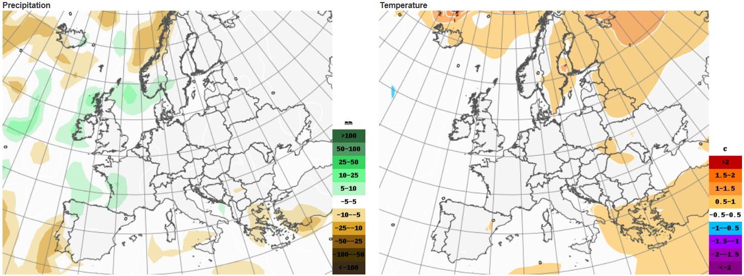 December avvikelse från normalt: Januari avvikelse från normalt: Februari avvikelse från normalt: Säsongsprognosen indikerar kring normal temperatur och torrare i december-januari med ökat H-