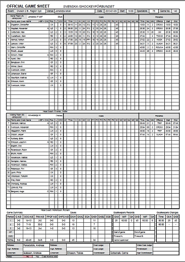 Rapporter! (Se info i Anv. handledningen 8.1-8.9, sid 38-39) Game Sheet: Kan skrivas ut före match och användas för att registrera händelser manuellt på papper.