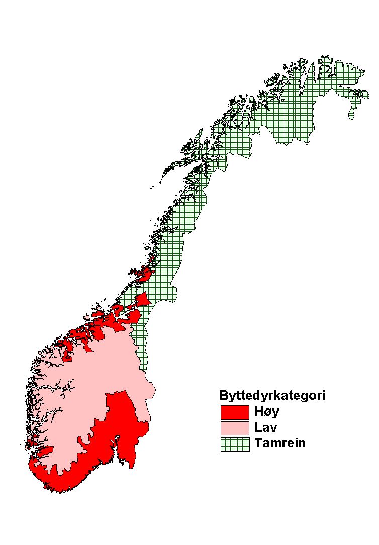 NINA Rapport 960 Figur 1. Lengden på avstandsreglene og omregningsfaktorene som brukes varierer med tettheten av store byttedyr.