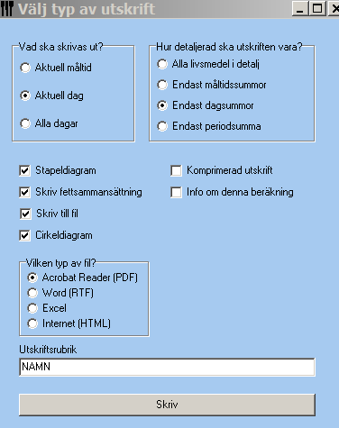 8 UTSKRIFT TILL SKRIVARE Välj Arkiv/Utskrift på menyraden Välj typ av utskrift: Markera Aktuell dag, Endast dagsummor, Stapeldiagram, Skriv fettsammansättning. OBS (!