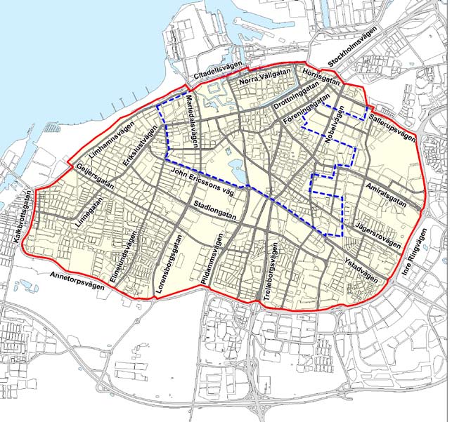 Malmö Die erweiterte Umweltzone (rot umrandet) gilt ab dem 1. September 2007, bis dahin gilt die kleinere Umweltzone (blau gestrichelt).