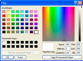 Här anger man storlek och färg på stödraster. Använder du färgat papper kan du Simulera pappersfärgen genom att klicka på den översta färgrutan varvid Färgväljaren visas.