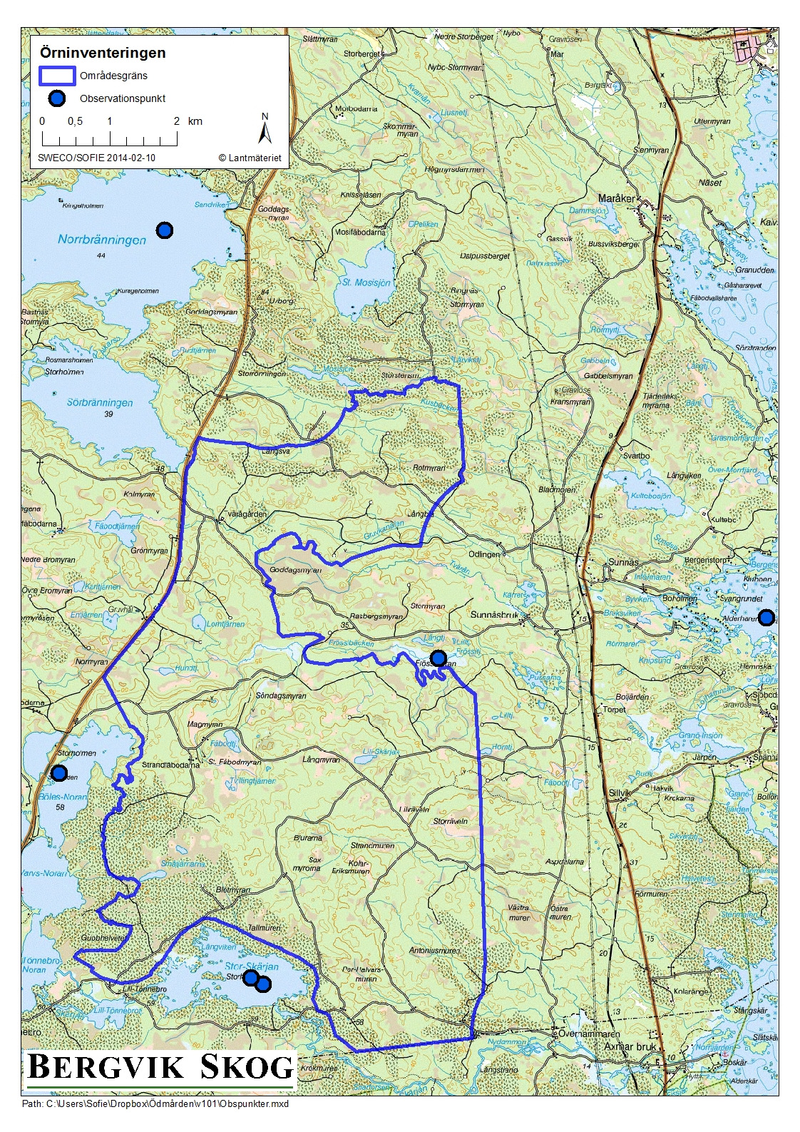Karta 3 visar de observationspunkter som användes under örninventeringen 2012 och 2013.