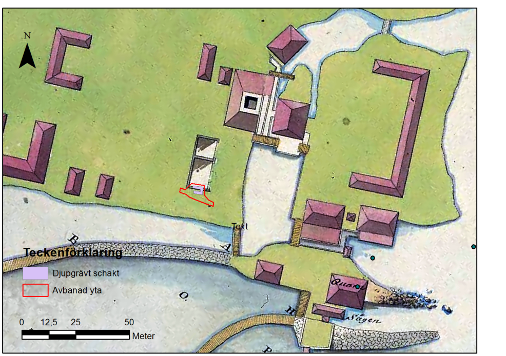 schaktets läge i förhållande till rostgroparna. Även på 1758 och 1777 års karta över bruket markeras rostgropar på ungefär denna plats.