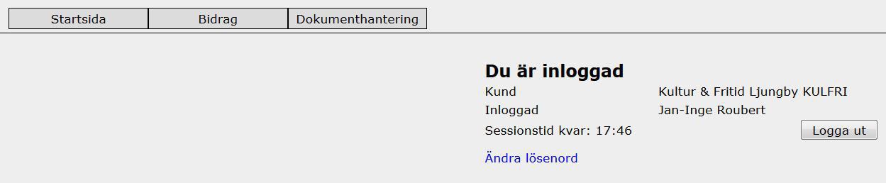 När du är inloggad kommer följande vy att synas för dig. Här kan du se föreningens uppgifter samt vilka bidrag som finns att söka. Möjlighet att byta lösenord.