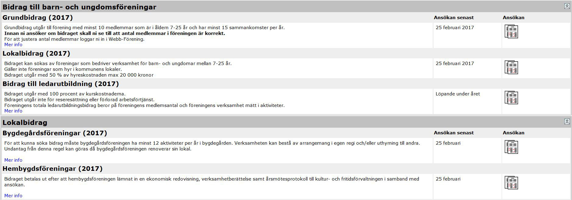 Söka bidrag På startsidan hittar du alla kommunala bidrag som finns att söka. För att välja aktuellt bidrag för din förening klickar du på Ansökan längst ut i högerspalten.