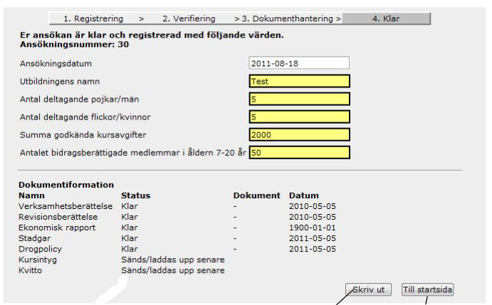 Ansökan klar och registrerad Din ansökan är nu registrerad i kultur- och fritidsförvaltningens bidragsregister och dina aktuella dokument för bidraget är uppladdade.