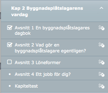 1.5 Avsnitt I vänstermenyn kan du enkelt se om du avklarat ea avsnia eller inte. Vid avklarat avsnia visas en bock i rutan.