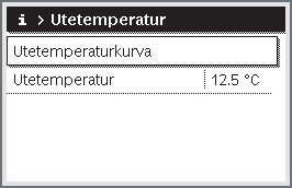 Hämta information om anläggningen 43 Menyalternativ: Utetemperatur I denna meny visas aktuell uppmätt utetemperatur.