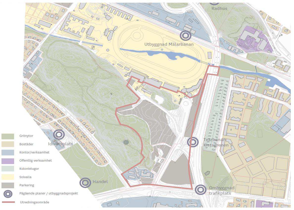 2 2. Södra Solvallastaden 2.1 Solvallaområdet idag Solvallaområdet omfattar ett stort markområde vid Ulvsundaleden i Bällsta med den nybyggda stadsbebyggelsen i Annedal som granne.
