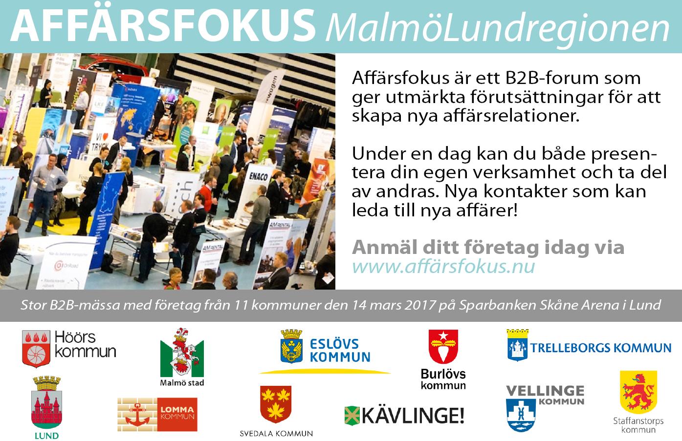 Stor B2B-mässa på Sparbanken Skåne Arena i Lund den 14 mars 2017 Det är 11 kommuner, däribland Kävlinge kommun, som i samverkan bjuder in till B2B-mässa för företag i MalmöLundregionen.